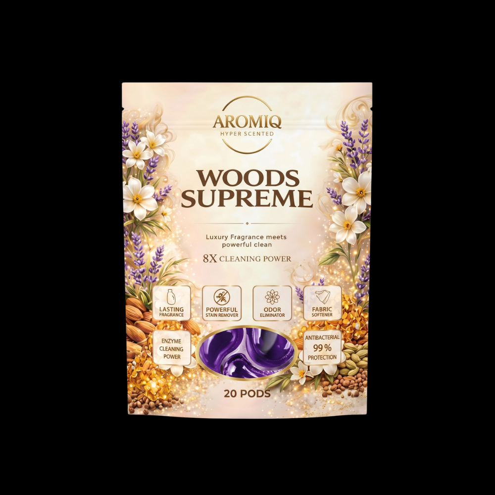Aromiq Woods Supreme Hyper Scented Laundry Pods | Perfume-Grade | 8× Cleaning Power | 20 Pods