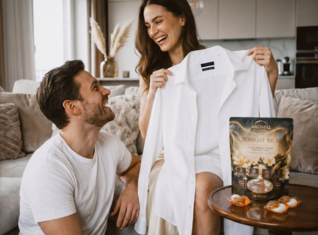 couple enjoying Aromiq Hyper Scented Laundry Pods
