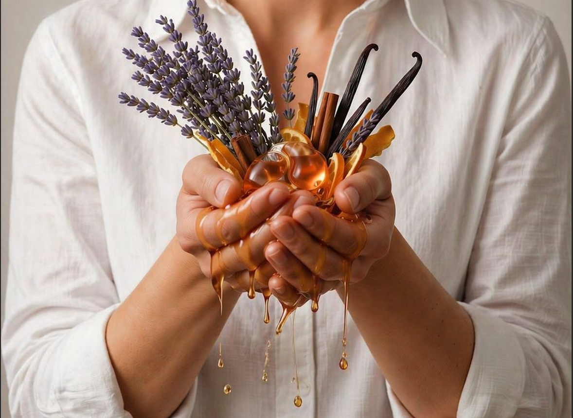 hands holding fresh ingredients and Aromiq™ pod
