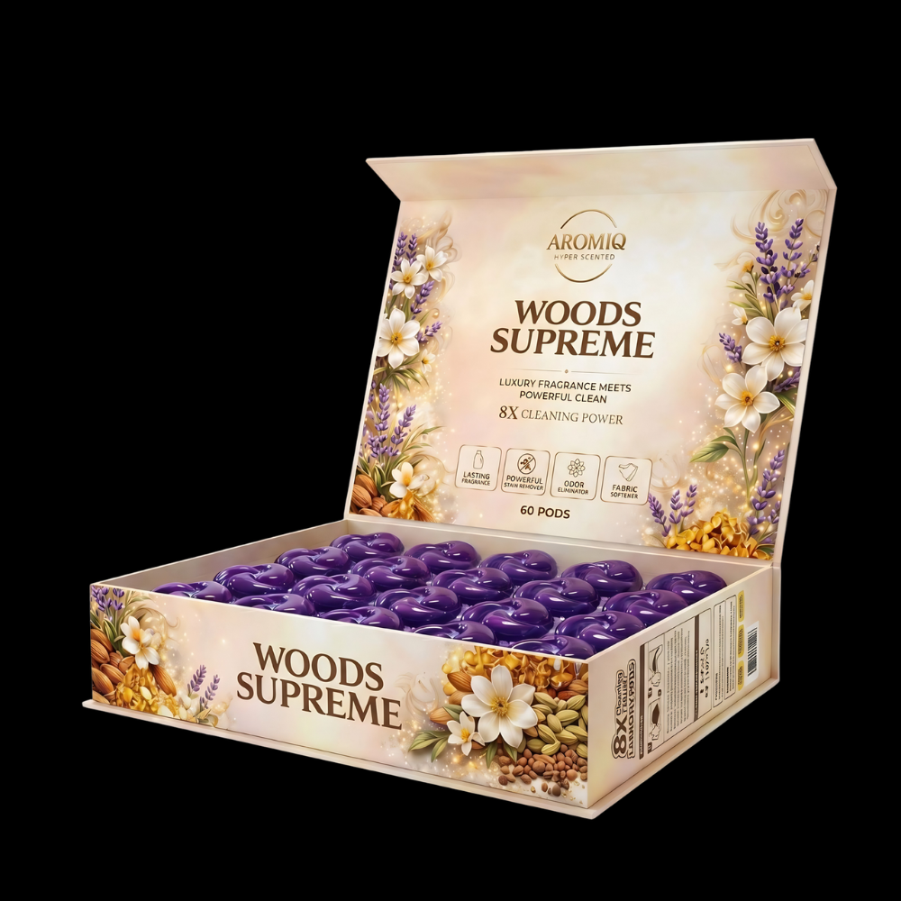 Aromiq Woods Supreme Hyper Scented Laundry Pods | Perfume-Grade | 8× Cleaning Power | 60 Pods